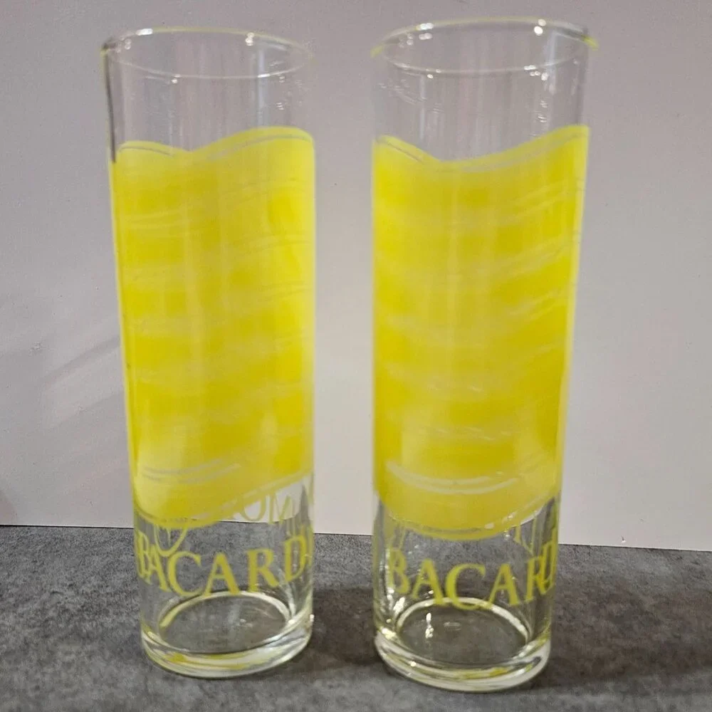 Vintage Set of 2 Bacardi Limón Rum Tall Yellow Clear Glasses Distillary Barware